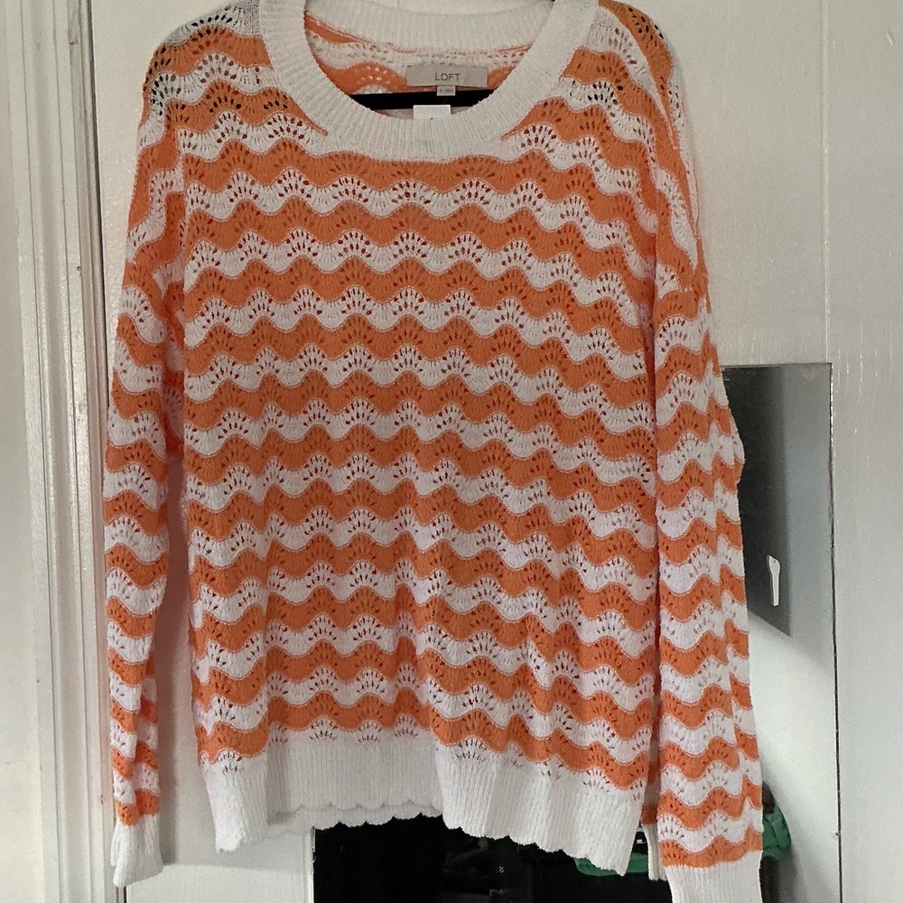 LOFT Orange and White Wave Open-Knit Crew Sweater